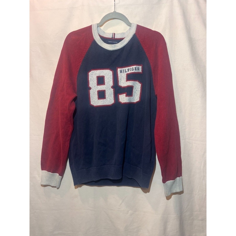 Tommy Hilfiger SZ L Red 85 Blue Wool Blend Long Sleeve Crewneck Sweater A88